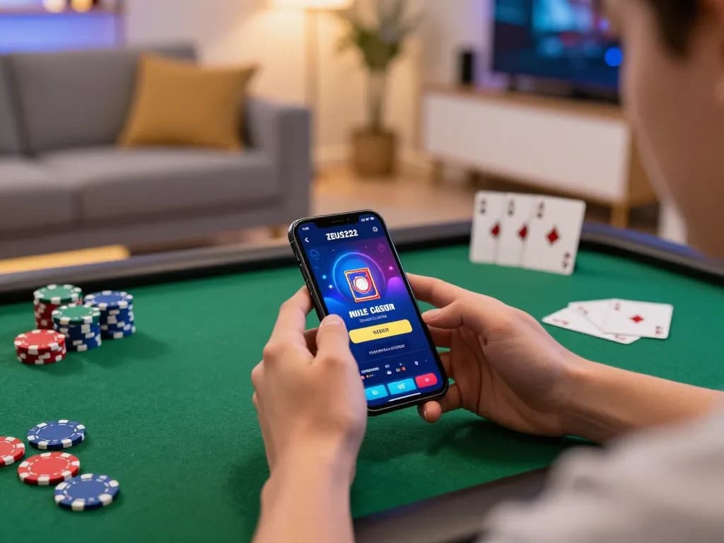 Engaging with ZEUS222 mobile casino app in a cozy online gaming setup