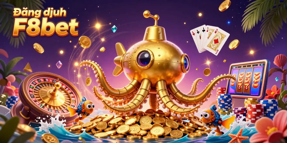 Experience thrilling gameplay with Đăng nhập F8bet, featuring a golden kraken submarine amidst cascading coins and vibrant poker elements.