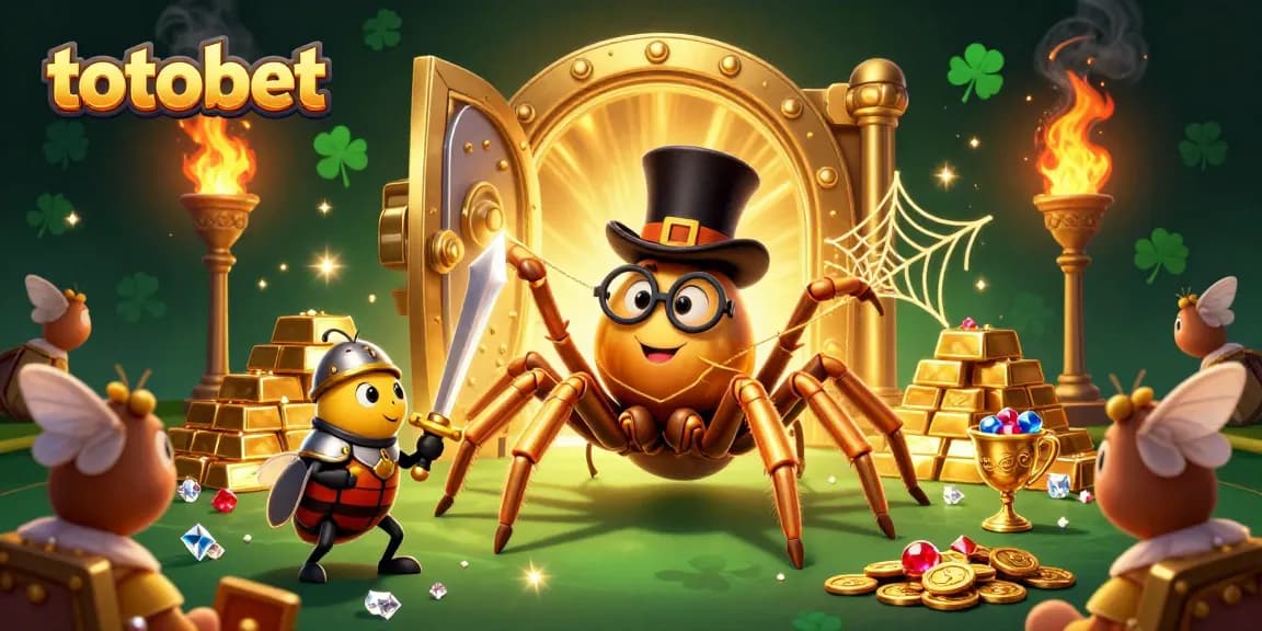 Experience the excitement of totobet with a vibrant 3D casino illustration featuring a golden tarantula, knight, and jewels.