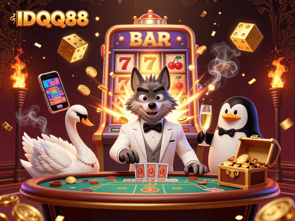 Experience excitement with IDQQ88 at a vibrant casino scene featuring animated characters.