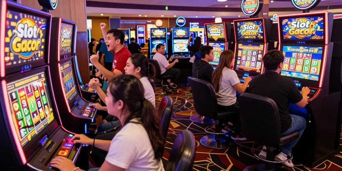 Excited players celebrating a big win at "Slot Gacor" machines in a lively casino.