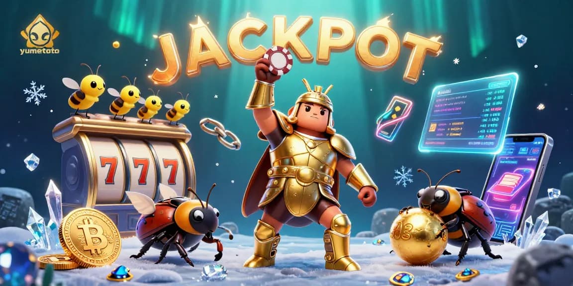 Experience thrilling wins with yumetoto in a vibrant 3D jackpot illustration featuring slots and crypto coins.