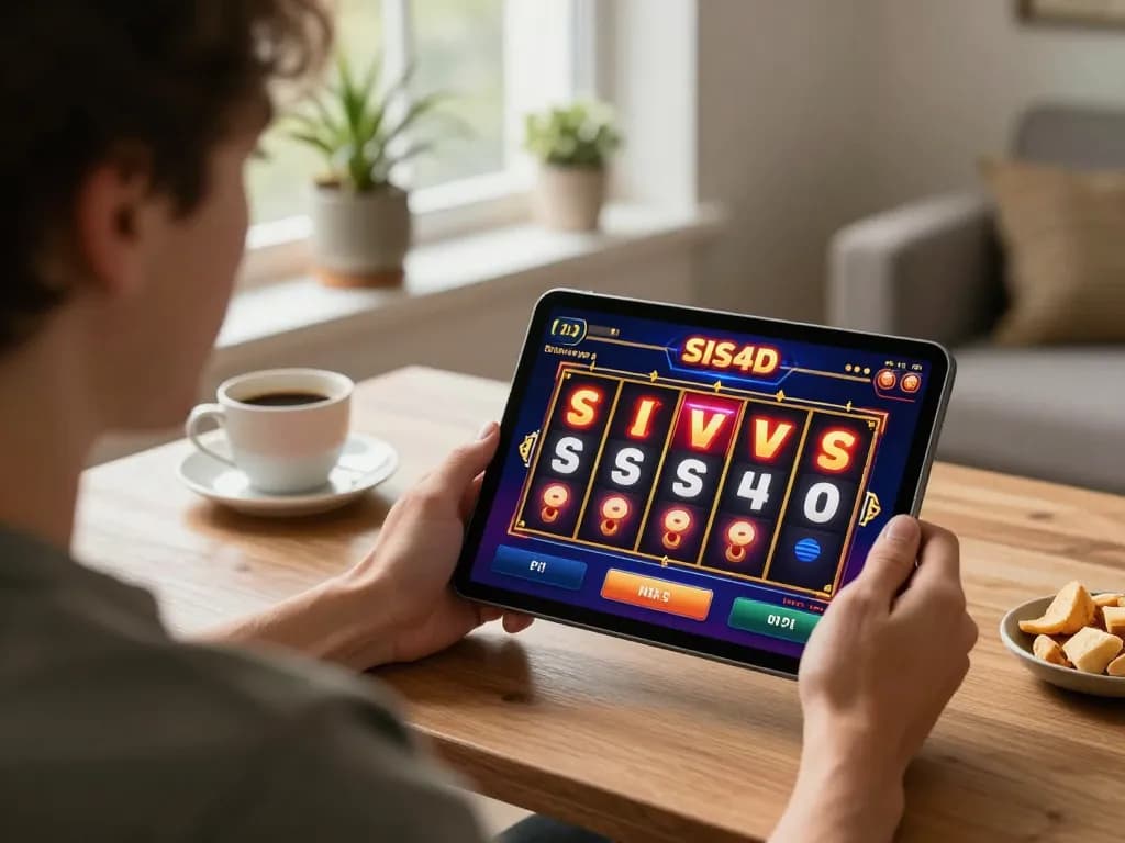 Player enjoying SIS4D online slots on tablet, vibrant graphics creating an engaging gambling experience.
