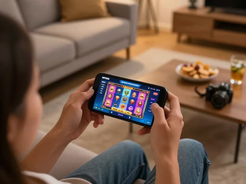 MPO08 online gaming experience on smartphone with vibrant slot game display in cozy home environment.