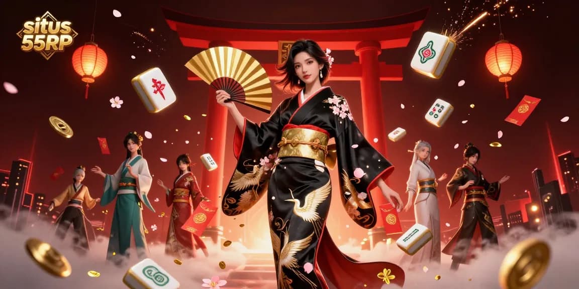 Engage in thrilling experiences at situs 55RP with an elegant Asian woman in a black silk kimono, festive elements around her.