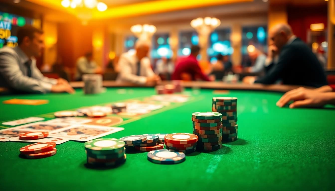 Permainan kasino situs mpo500 dengan meja yang dihiasi chip berwarna-warni dan kartu, menciptakan suasana menarik.