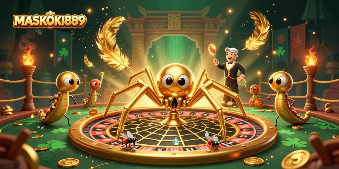 Engage with MASKOKI889's thrilling gaming experience with a golden spider and vibrant roulette wheel