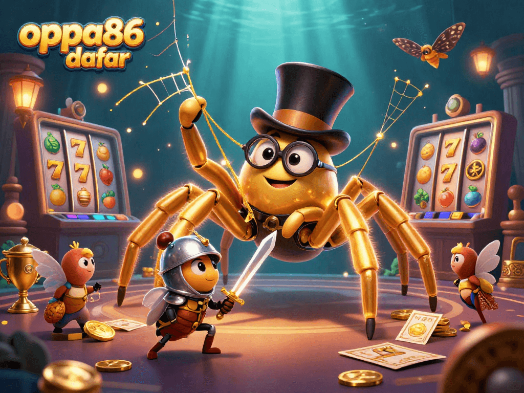 Engage in thrilling gameplay with oppa86 daftar featuring a golden tarantula weaving winning slots in a vibrant casino.