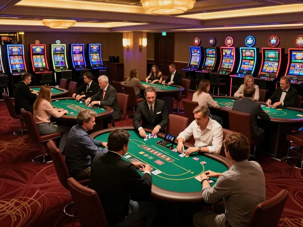 Players at Sunwin engaging in intense poker games under warm casino lighting.