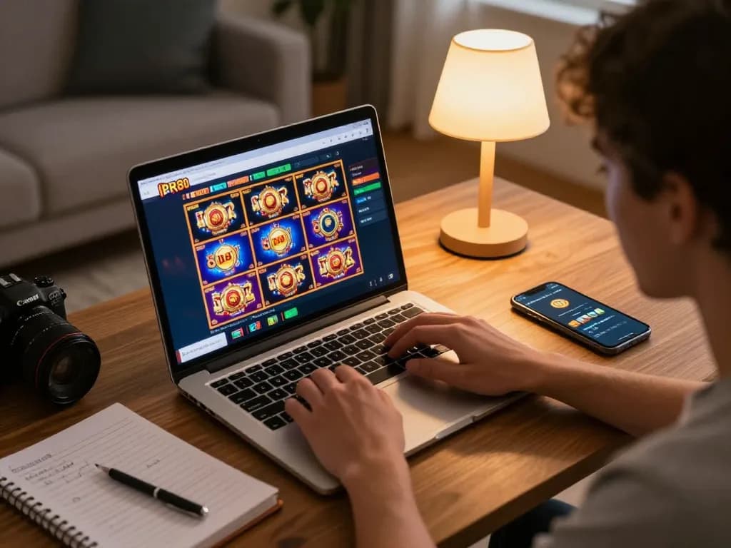 Pemain yang terlibat menjelajahi permainan slot88 yang menarik di laptop di rumah, menekankan strategi perjudian online dalam suasana yang nyaman.