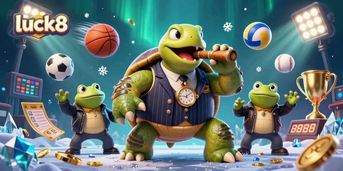 Engage with luck8’s vibrant gaming scene featuring a snapping turtle mobster and bullfrogs amidst dynamic sports elements.