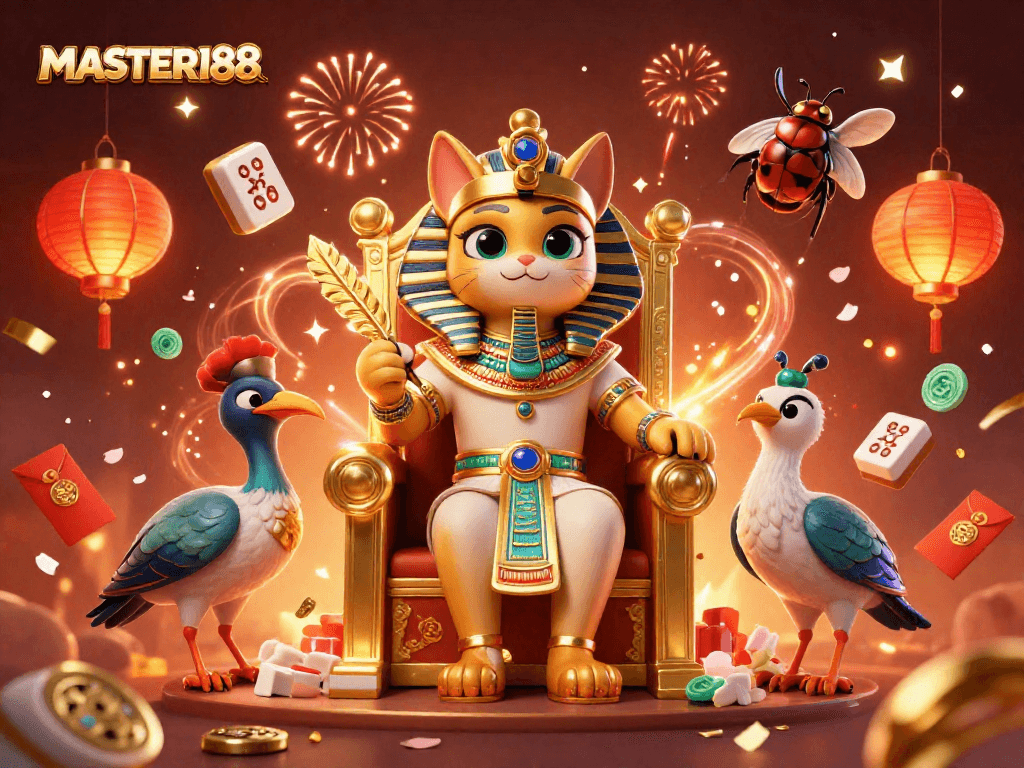 Experience the thrill of MASTER188 with a captivating scene featuring an Egyptian pharaoh cat, magical elements, and festive imagery.