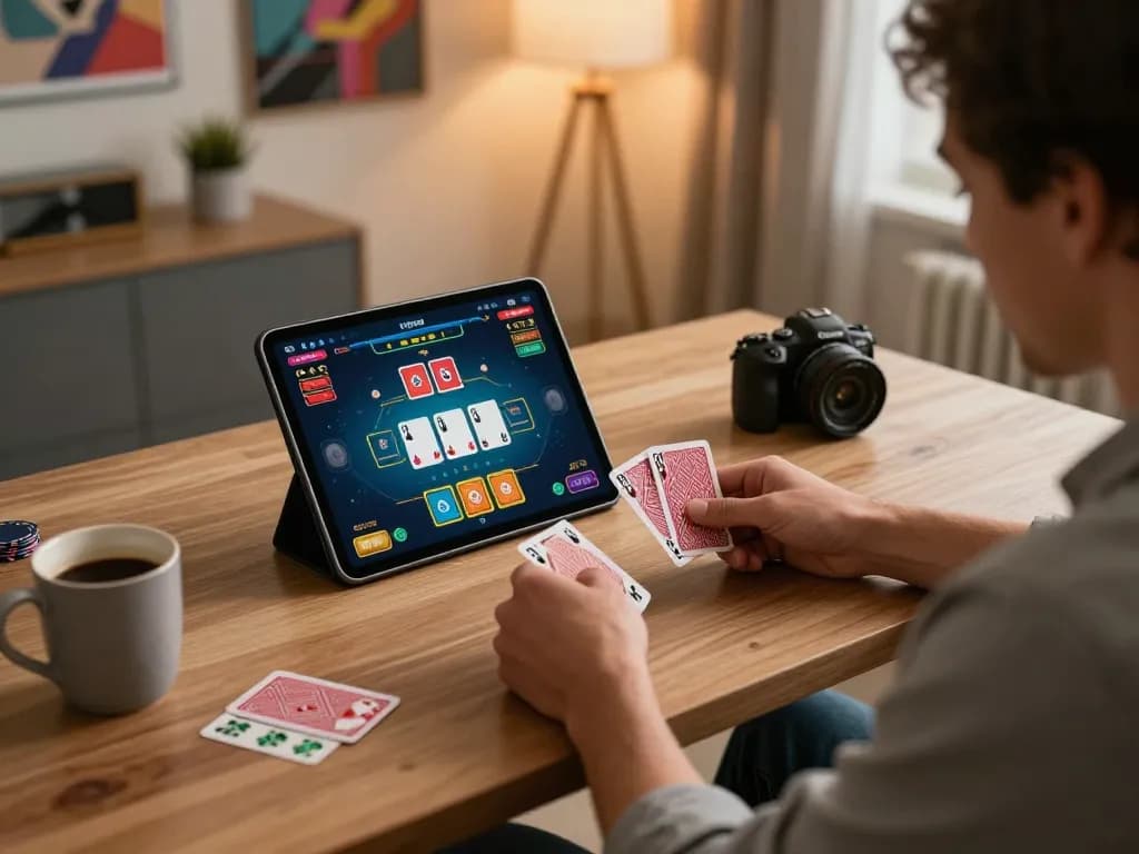 Engaged player enjoying online blackjack at https://hi88.casino/ in stylish home office setting.