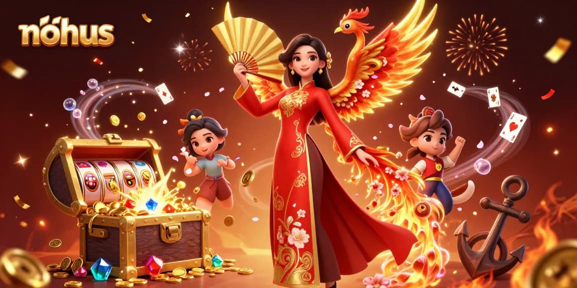 Nohus casino illustration showcasing slot reels, a stunning woman in ao dai, and golden treasures
