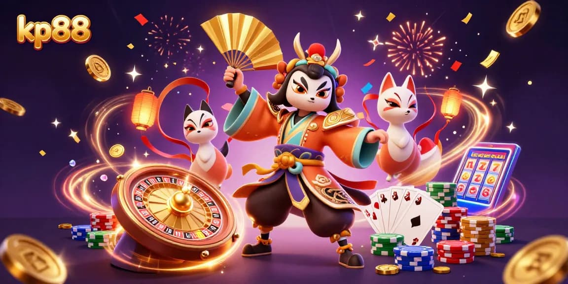 Experience kp88's thrilling casino promotions with vibrant characters, gold coins, and slot machines.