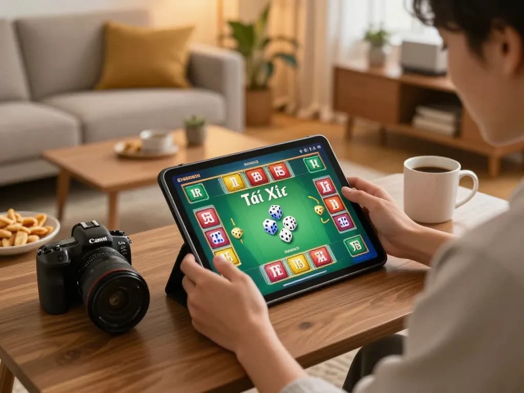 Tài Xỉu gameplay excitement displayed on tablet during a cozy home gaming session.