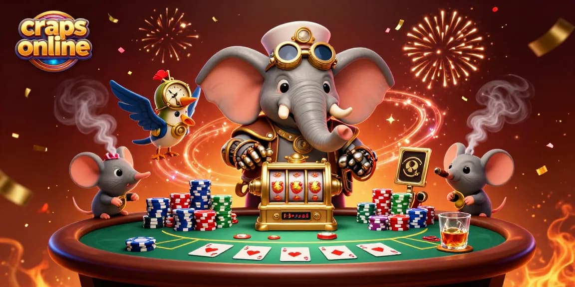 Craps online scene featuring a steampunk elephant engineer at a poker table, surrounded by colorful poker chips.