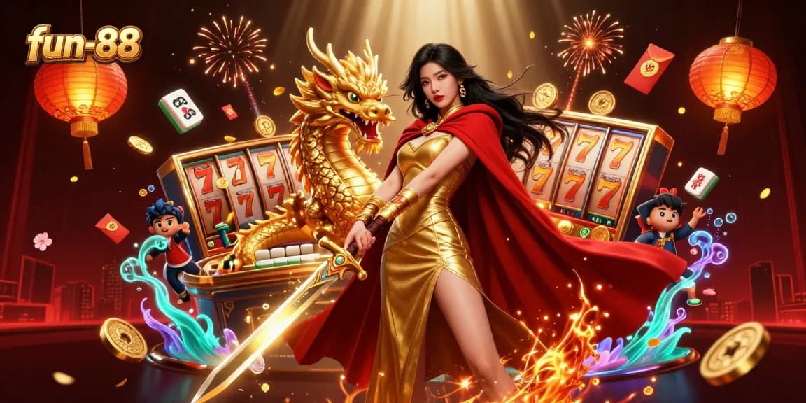 Experience excitement at fun-88 with every spin of the slot reels amidst a vibrant casino showdown.