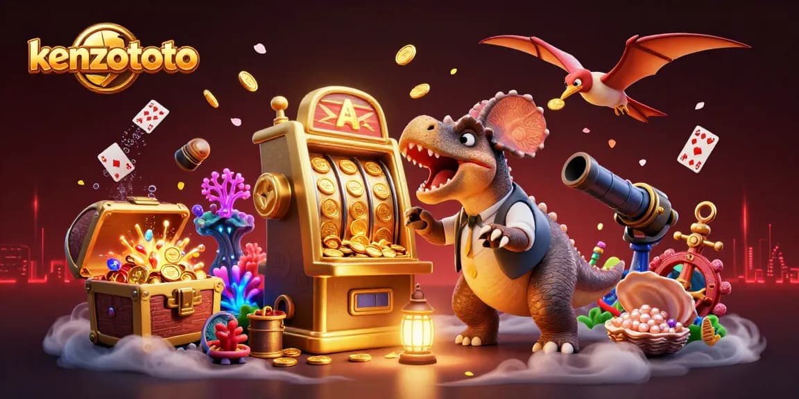 Permainan kenzototo menampilkan dinosaur yang mengalahkan mesin slot dengan koin bersinar jatuh dari atas