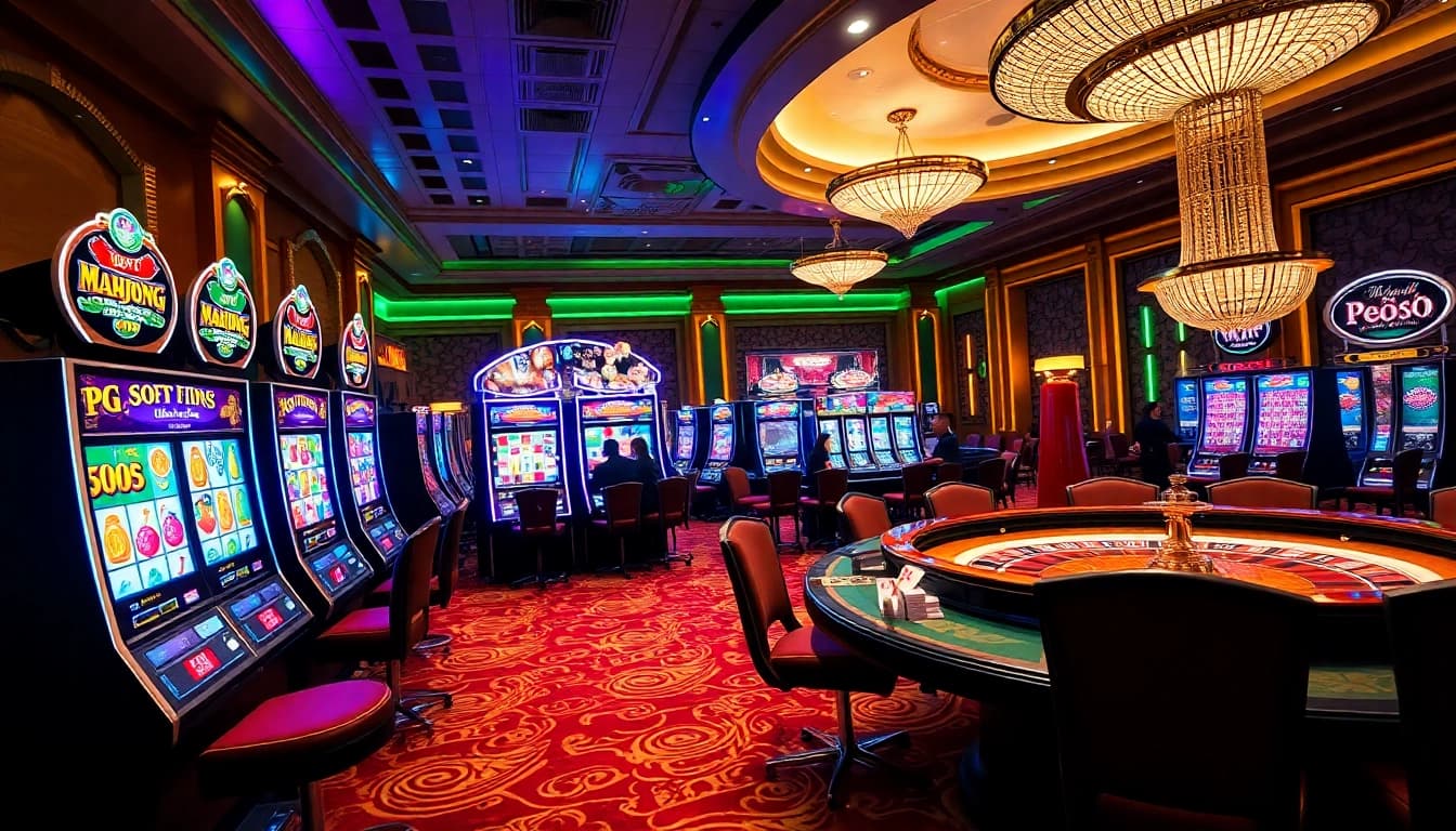 Engaging scene of a slot demo game featuring PG Soft machines, vibrant lights, and excited players.