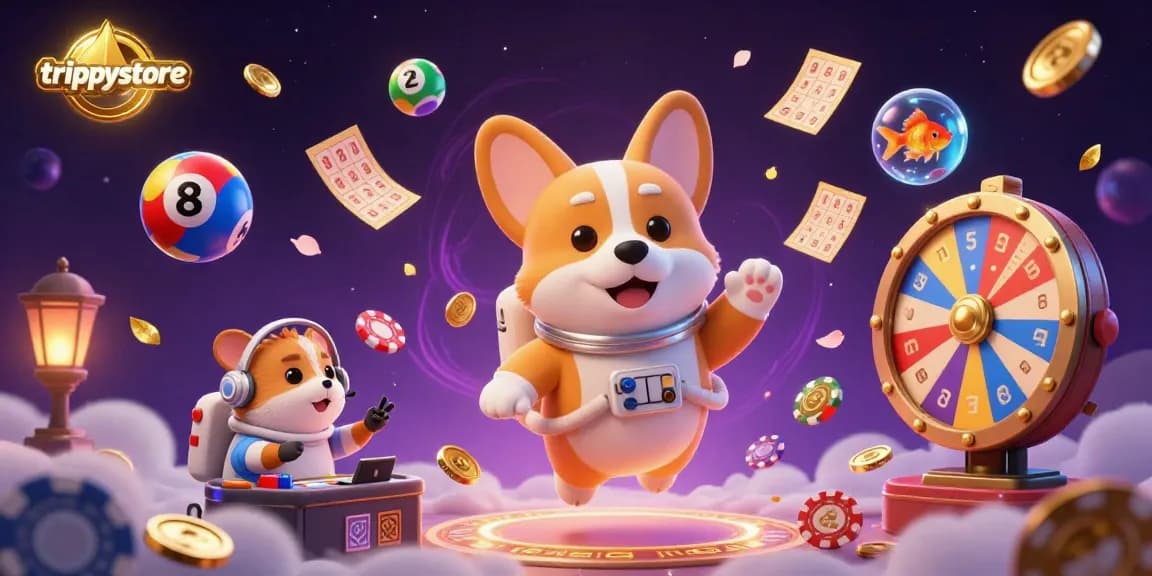 Experience the excitement of trippysstore with a vibrant 3D AI illustration of an astronaut corgi and casino elements.