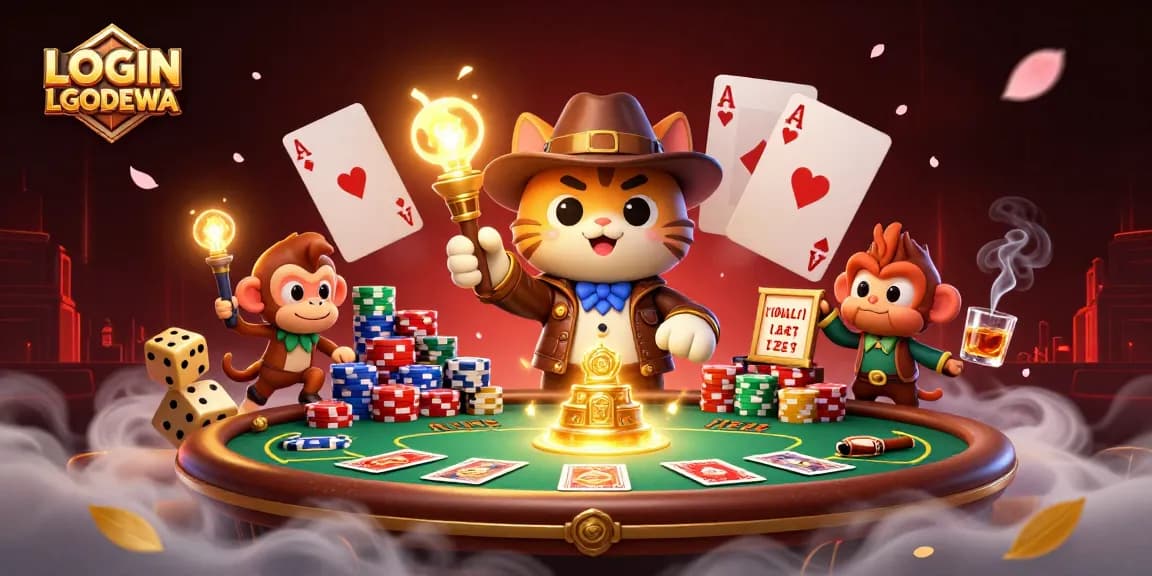Engage with LOGIN LGODEWA and explore ancient casino treasures in a vibrant digital illustration.