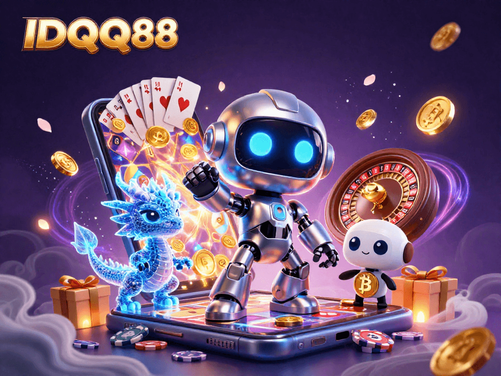 Experience thrilling gaming at IDQQ88 with a cyberpunk robot and exciting casino elements.
