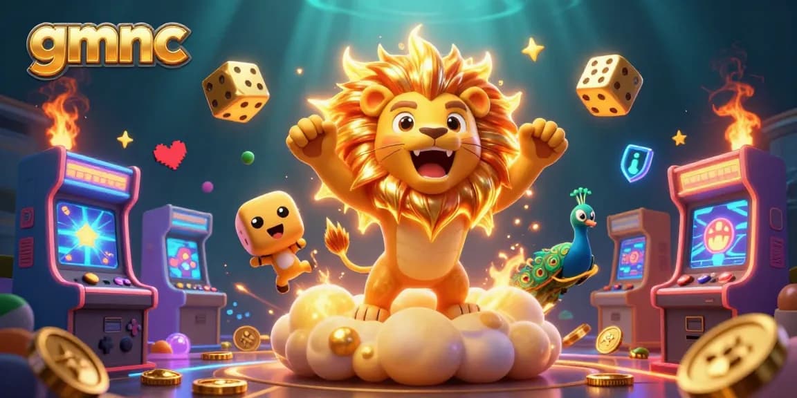 Experience thrilling action with gmnc's vibrant gaming scene featuring a roaring lion and sparkling dice.