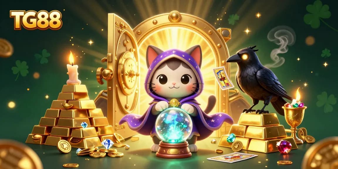 Engage with TG88's captivating casino magic featuring a mystic cat and glowing raven amidst treasure.