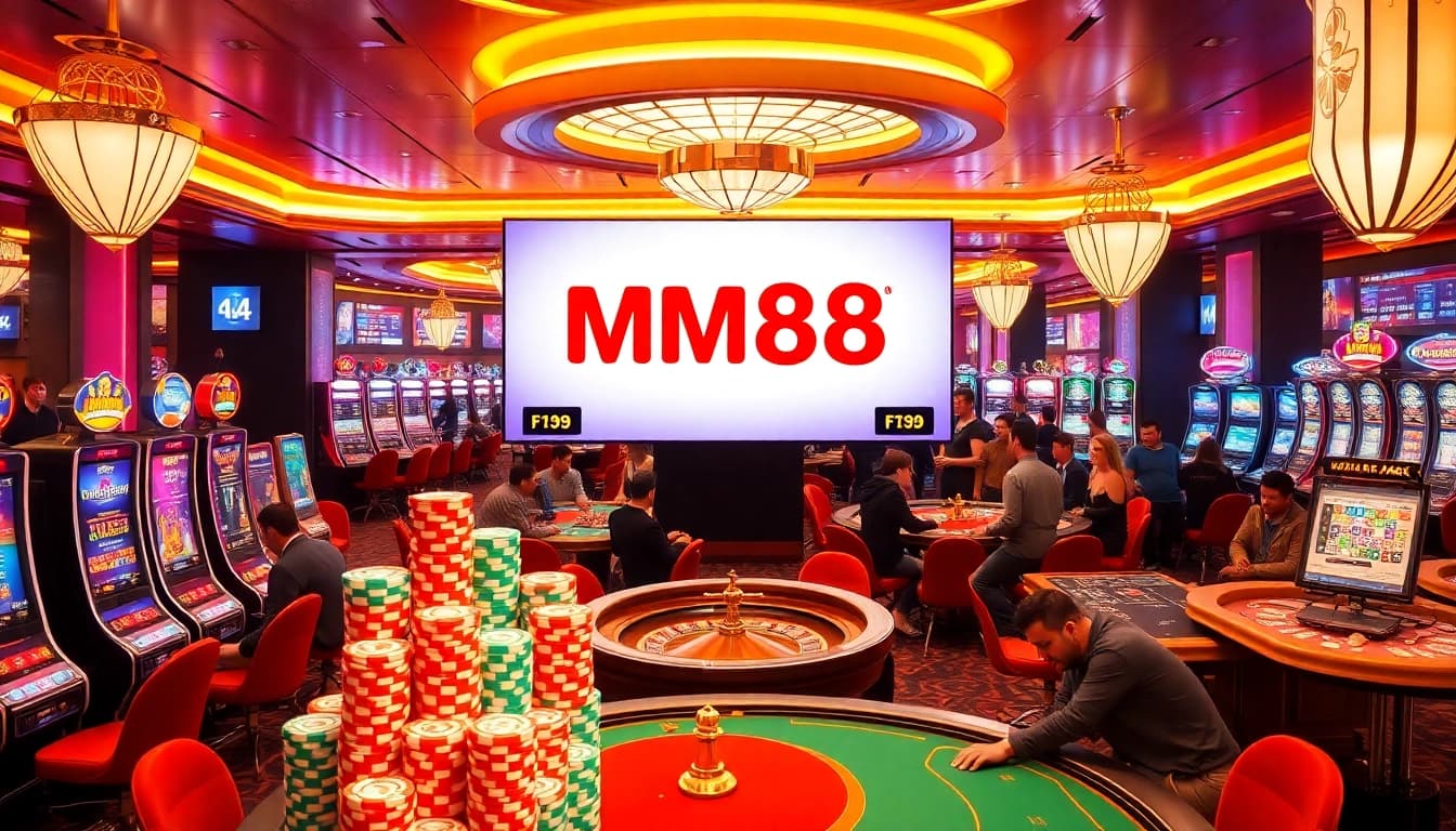 Engaged players enjoying luxury gaming at MM88 online casino with vibrant casino elements.