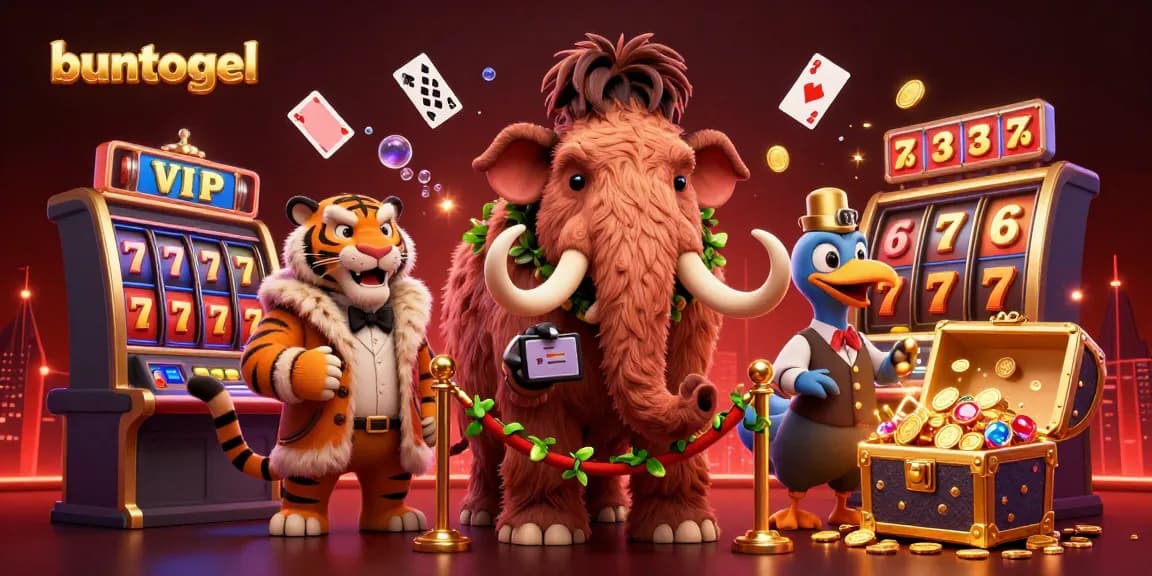 Explore the vibrant world of buntogel with a 3D cartoon scene featuring characters at a lively casino entrance.