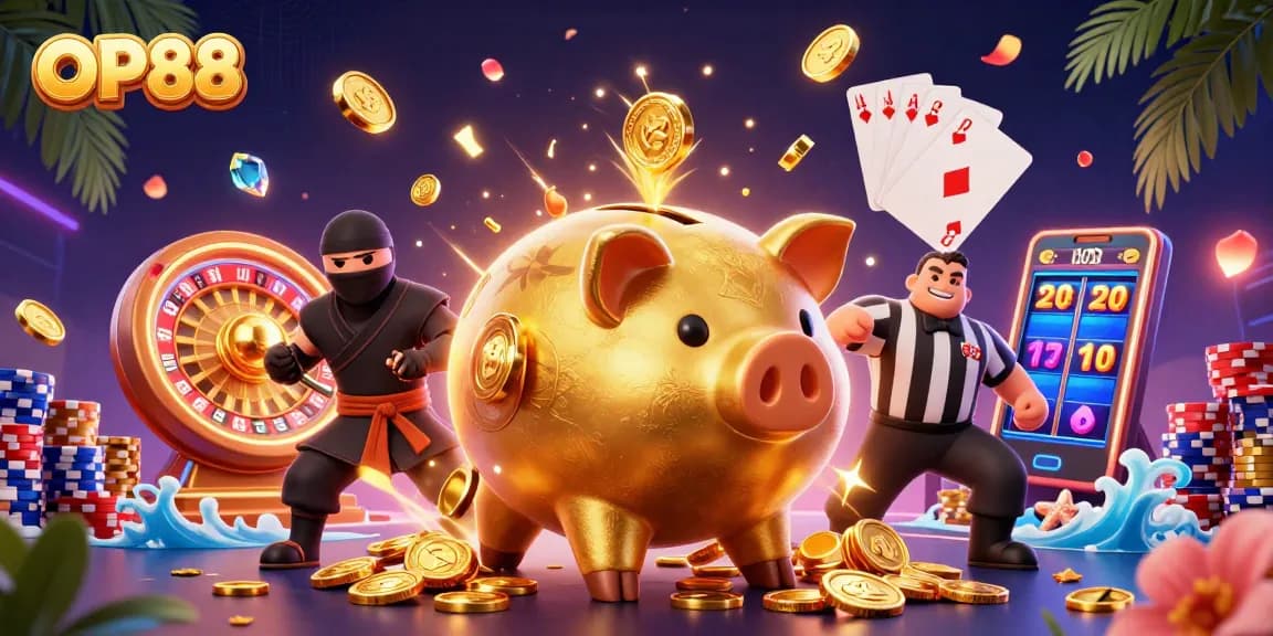 Experience excitement at OP88 with dynamic gaming elements and colorful characters in a lively casino scene.
