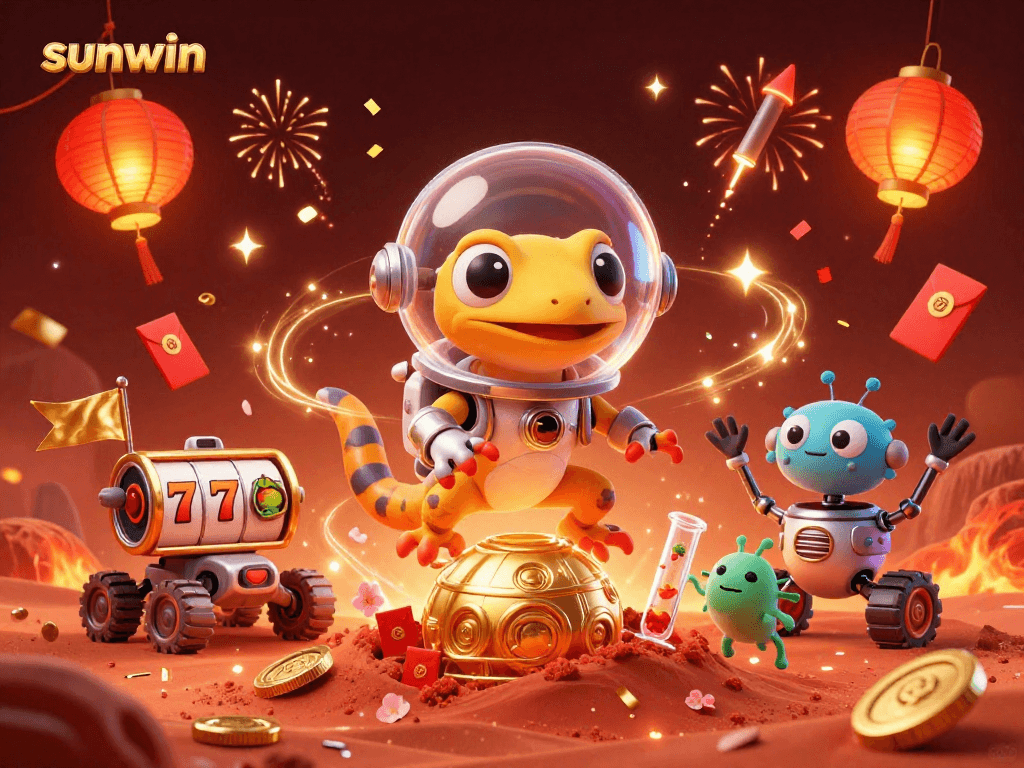 Engage with sunwin's thrilling slot adventures in this vibrant 3D scene of Martian fun.