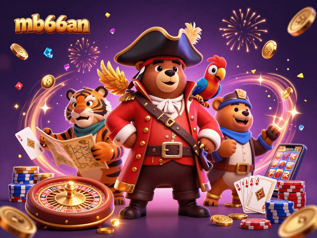 Experience thrilling moments with mb66an, as the pirate captain bear and his crew celebrate by spinning roulette wheels and winning big.