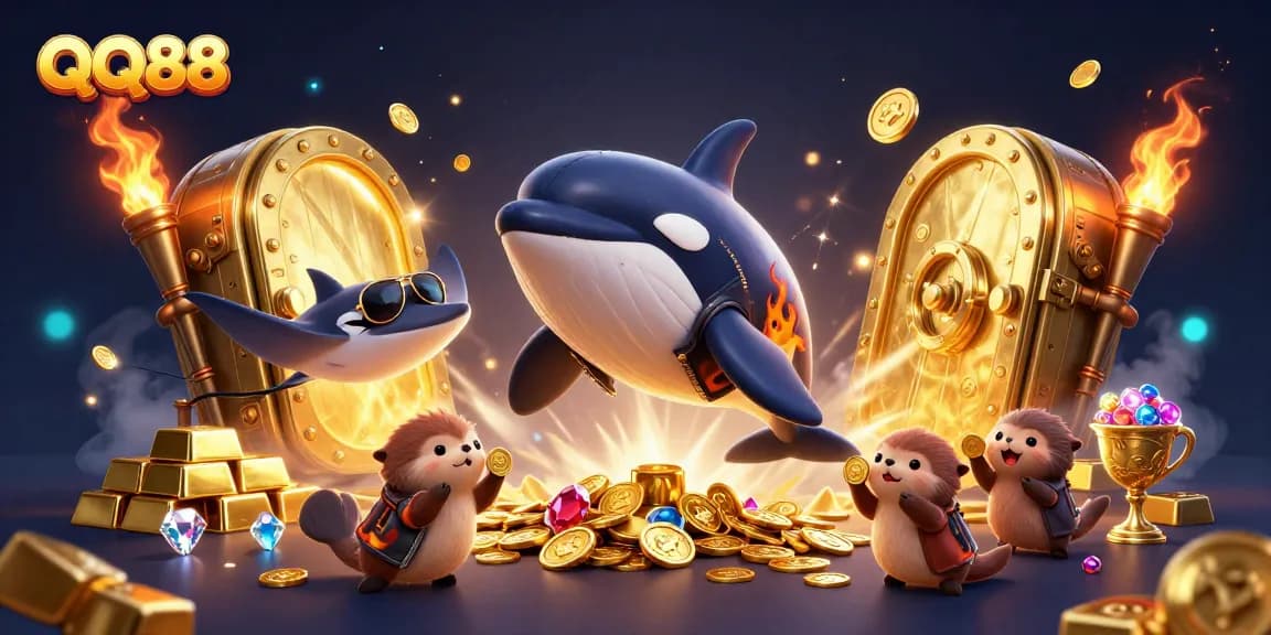 QQ88 offers an exciting casino experience with vibrant orca and stingray characters showcasing wealth and fun.