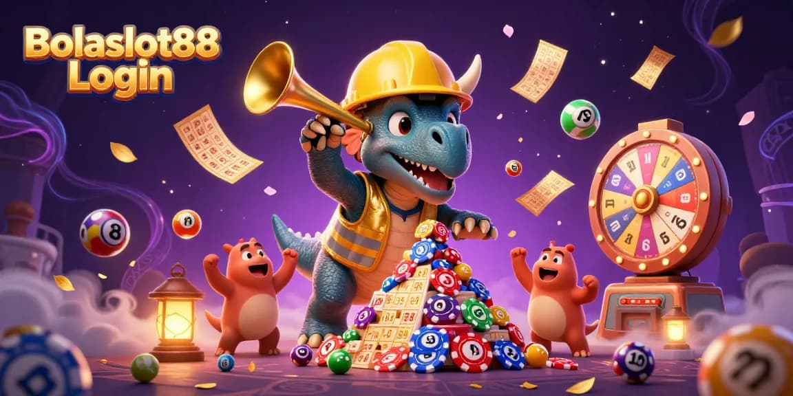 Bolaslot88 Login showcases an exciting scene with a triceratops building poker chips, celebrating with vibrant lottery elements.