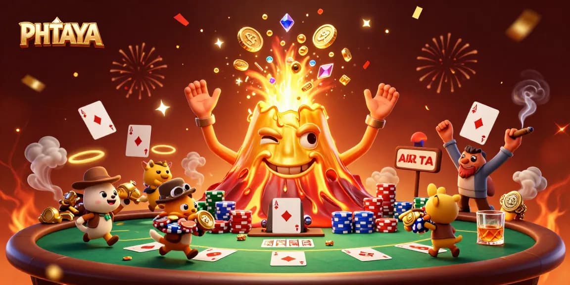 PHTAYA showcases thrilling casino action with a golden volcano, poker elements, and victorious explorers.