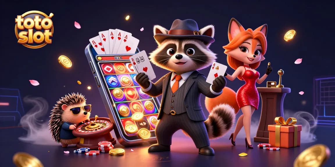 Experience excitement with toto slot games as raccoon, fox, and hedgehog celebrate massive wins in a vibrant casino atmosphere.