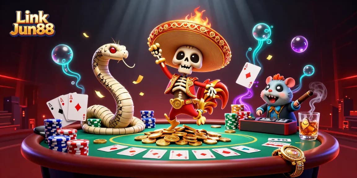 Spin and win with Link Jun88 as the skeleton mariachi celebrates a jackpot amidst poker elements.