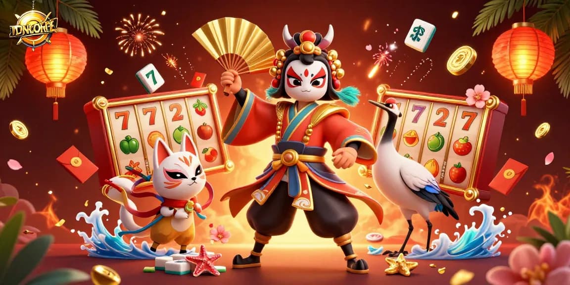 Experience exhilarating gaming at IDNSCORE with a vibrant 3D scene featuring an enchanting kabuki warrior and lucky symbols.