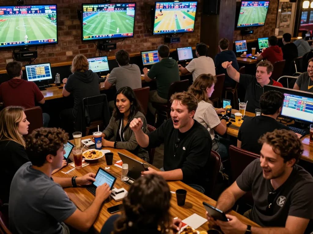 Tỷ lệ kèo nhà cái displayed on screens in a bustling sports bar as bettors engage in lively discussions.
