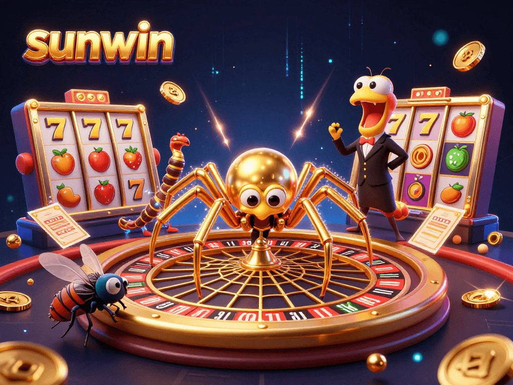 Engage and win with sunwin by spinning the golden web of fortune in this vibrant casino illustration.