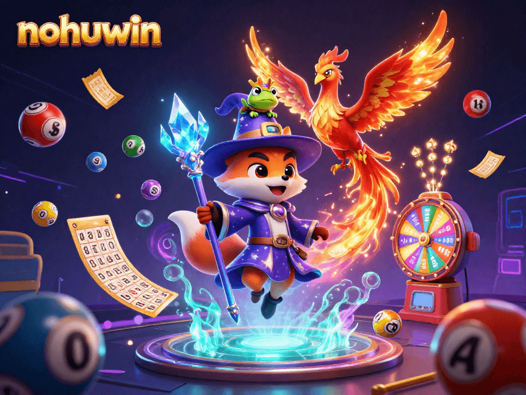 Experience thrilling wins at nohuwin with the phoenix, wizard, and vibrant game elements in a magical scene!