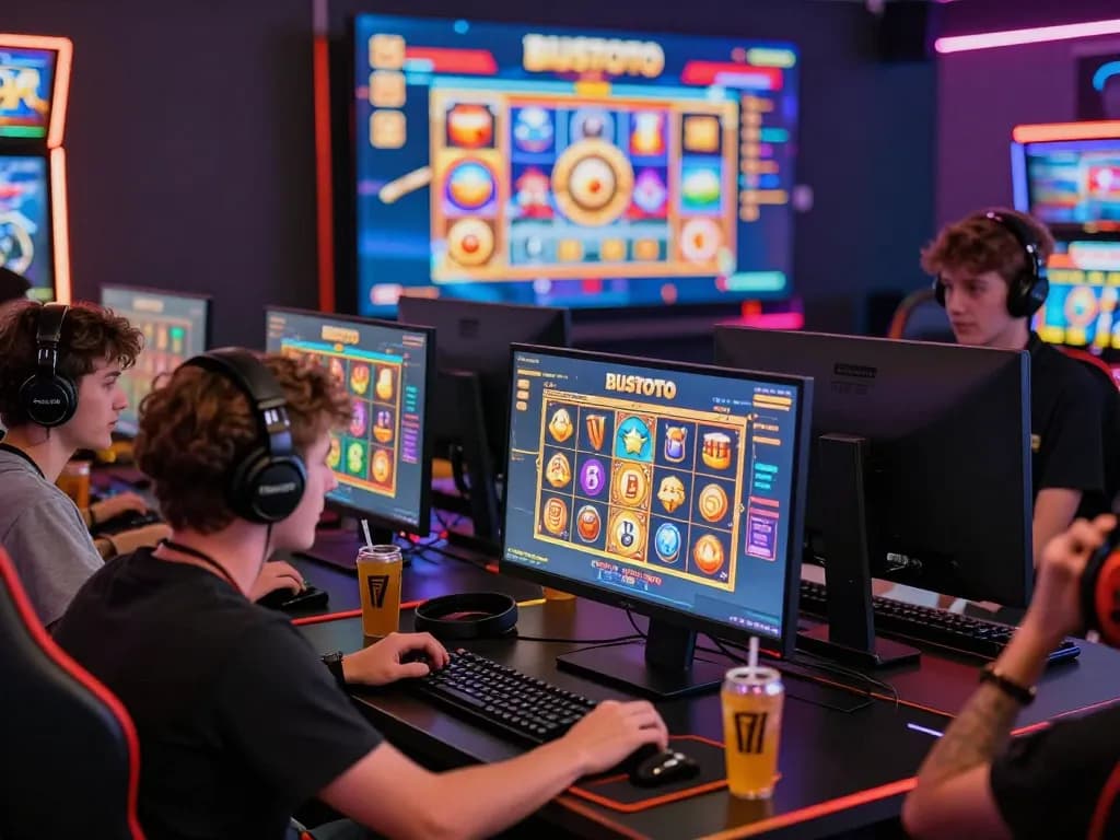 Thrilling online gaming atmosphere with players enjoying BIUSTOTO slot machines, vibrant visuals enhance the excitement.