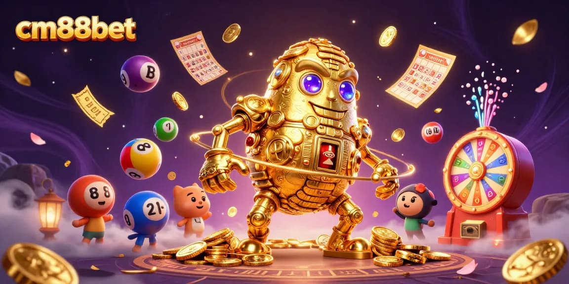 Experience the thrill of cm88bet with a golden golem and vibrant gaming elements in a magical setting.