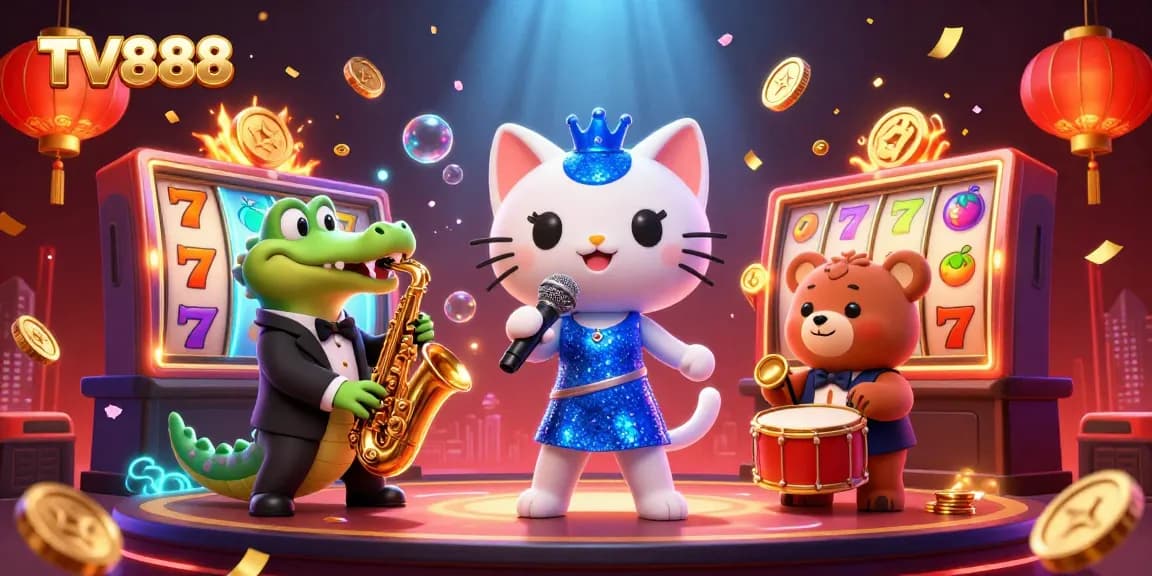Experience exciting casino energy with TV888's engaging characters in a lively scene.