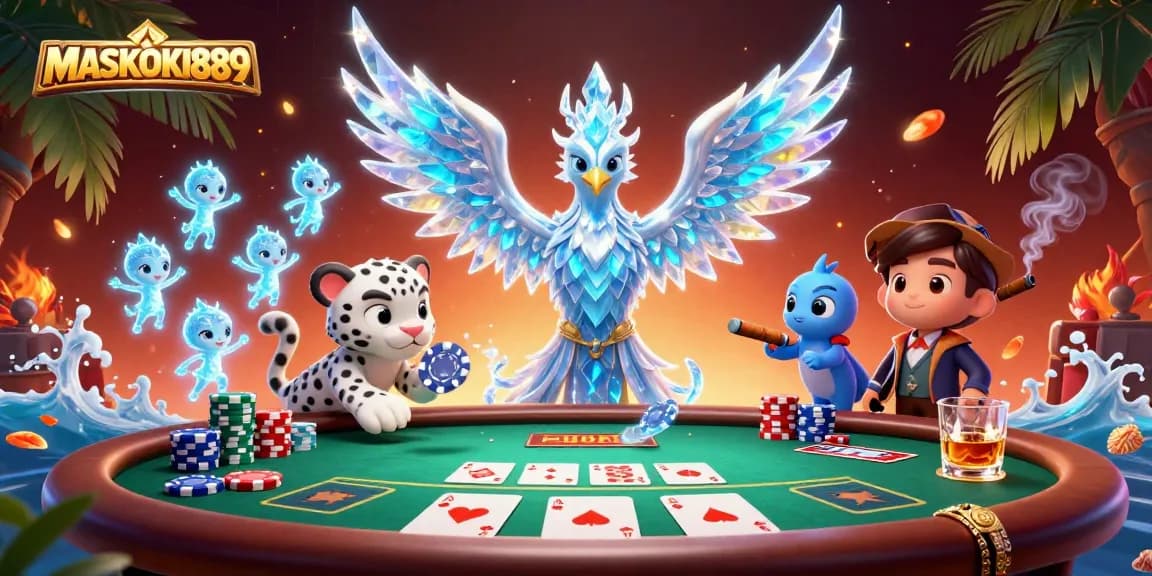 Experience thrilling gameplay at MASKOKI889 with an ice phoenix, poker elements, and vibrant casino atmosphere.