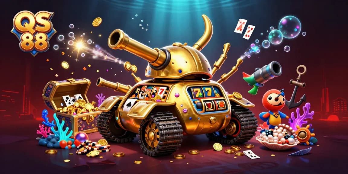 Experience the thrilling QS 88 online casino action with a vibrant 3D illustration packed with game elements.
