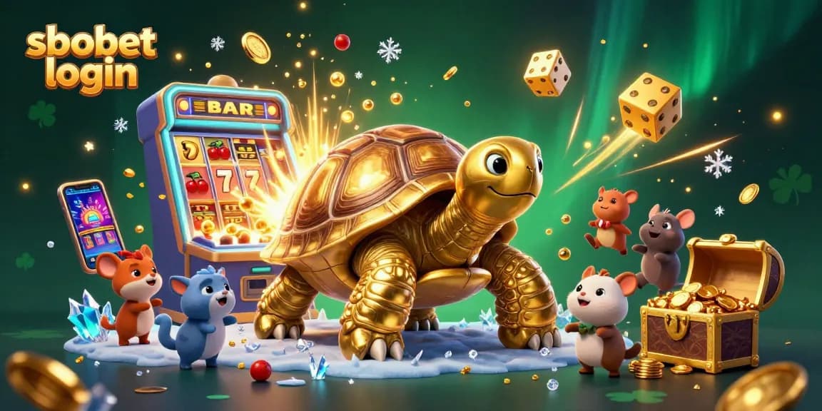 Engage with sbobet login through vibrant casino fun, featuring a golden tortoise pinball machine and jackpot excitement.