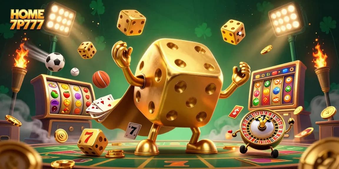 Engage in thrilling wins with HOME 7P777's golden dice golem and vibrant slot symbols.